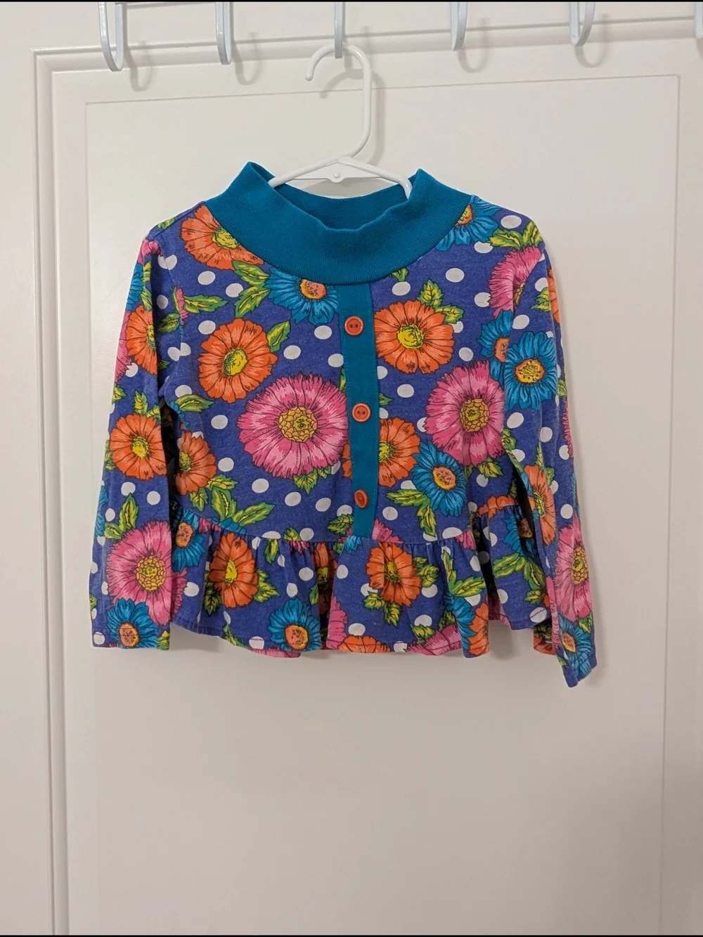 Vintage Blue Floral All Over Print Ruffle Long-Sleeve Top - Picture 1 of 4